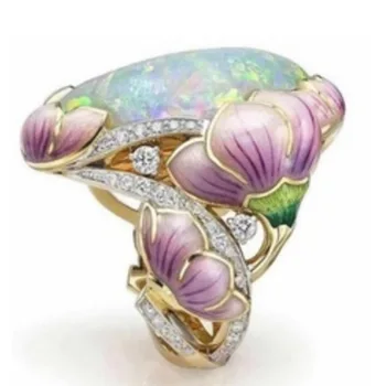 

Female Vintage Enamel Opal Stone Casting Ring Exquisite Flower Cocktail Party Ring For Women Fashion Jewelry