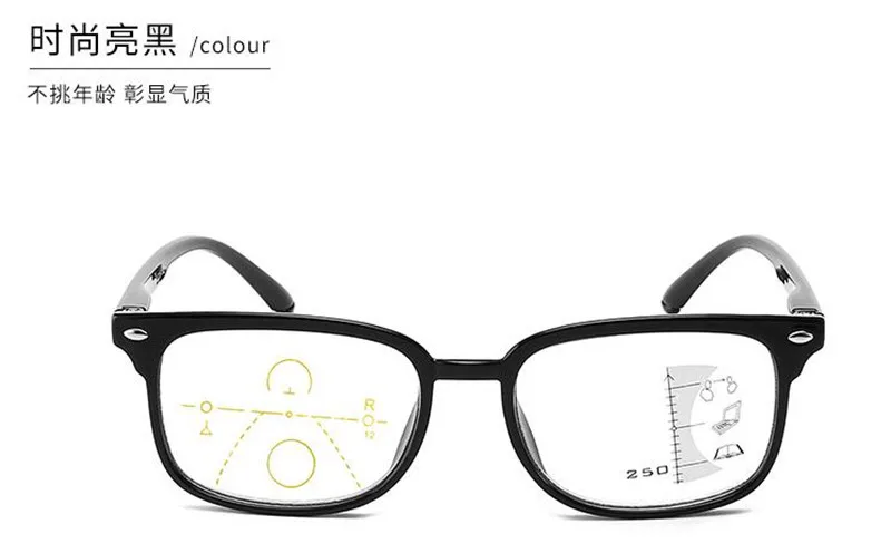 Blu-Ray прогрессивные многофокусные очки для чтения Новые унисекс с Большой рамкой HD умные очки для чтения с зумом повседневные дикие вечерние очки - Цвет оправы: Черный