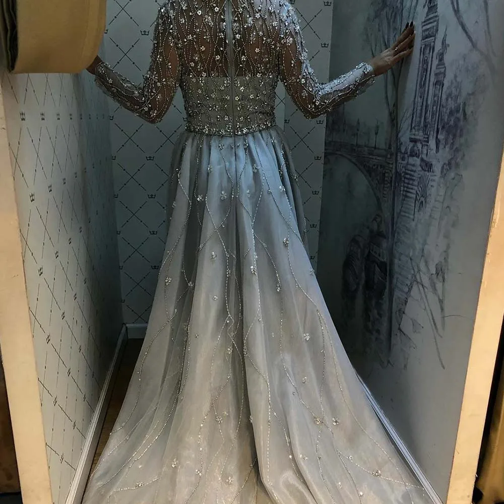 New-Arrival-Silver-Evening-Dresses-Elegant-V-Neck-Long-Sleeve-Tulle-Crystal-Beads-Formal-Dress-Party (1)