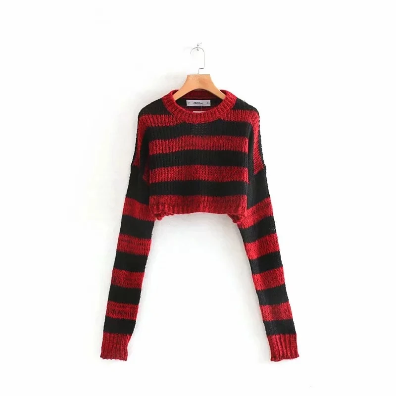 Увядшие BTS зимние свитера женские уличные винтажные с круглым вырезом полосатые короткие сексуальные пуловеры женские свитера женские топы - Цвет: striped