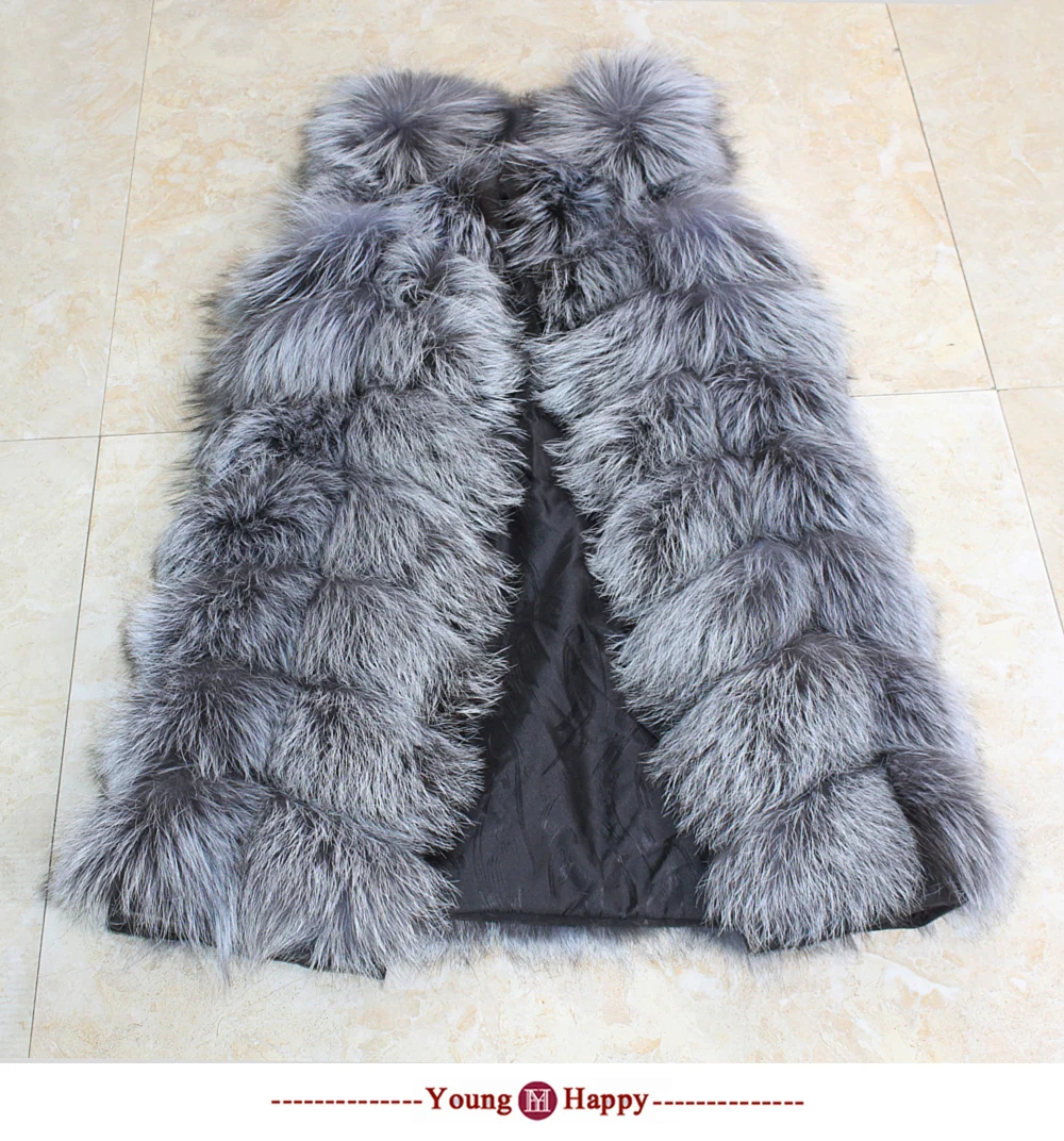 Genuine Real Silver Fox Fur Vest Natural Fur Jacket female Warm Vest Waistcoat long Fur Coats Real Fur Coat Silver Fox Vest