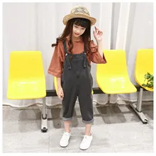 Г. Весенне-осенние новые стильные детские однотонные ковбойские капри свободного кроя в Корейском стиле на подтяжках для девочек