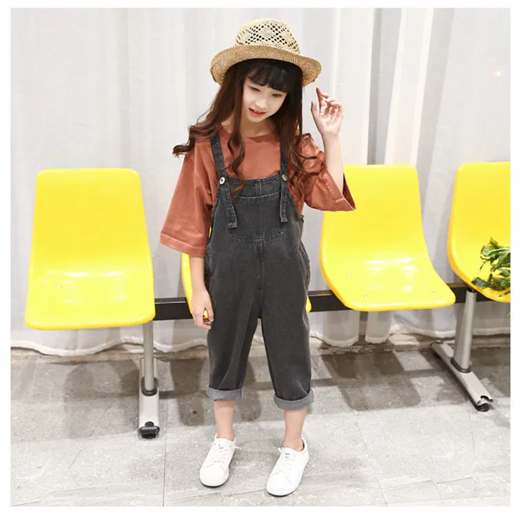 

Girls Crawler 2018 Spring And Autumn New Style Korean-style Children Solid Color Cowboy Loose-Fit Capri Suspender Pants