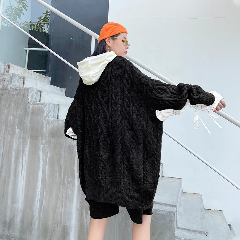 [EAM] Black Pleated Big Size Knitting Sweater