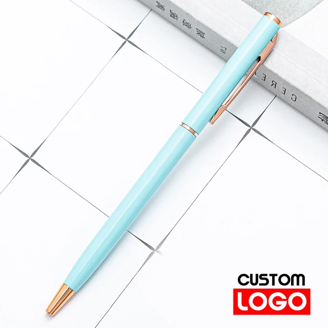 New Metal Ballpoint Pen Rose Gold Pen Custom Logo Advertising Ballpoint Pen  Lettering Engraved Name School&office Supplies Style 2-Light blue