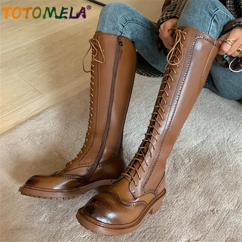 

TOTOMELA 2022 New Genuine Leather +pu Knee High Boots Women Vintage Casual Shoes Fashion Long Boots Woman Autumn Winter
