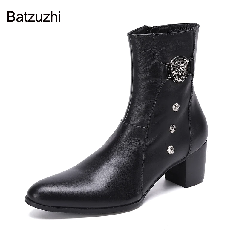 

Batzuzhi 7cm High Heels New Men Boots Genuine Leather Boots Men Black/Red Knight Botas Hombre for Party/Wedding! Big Size 38-46