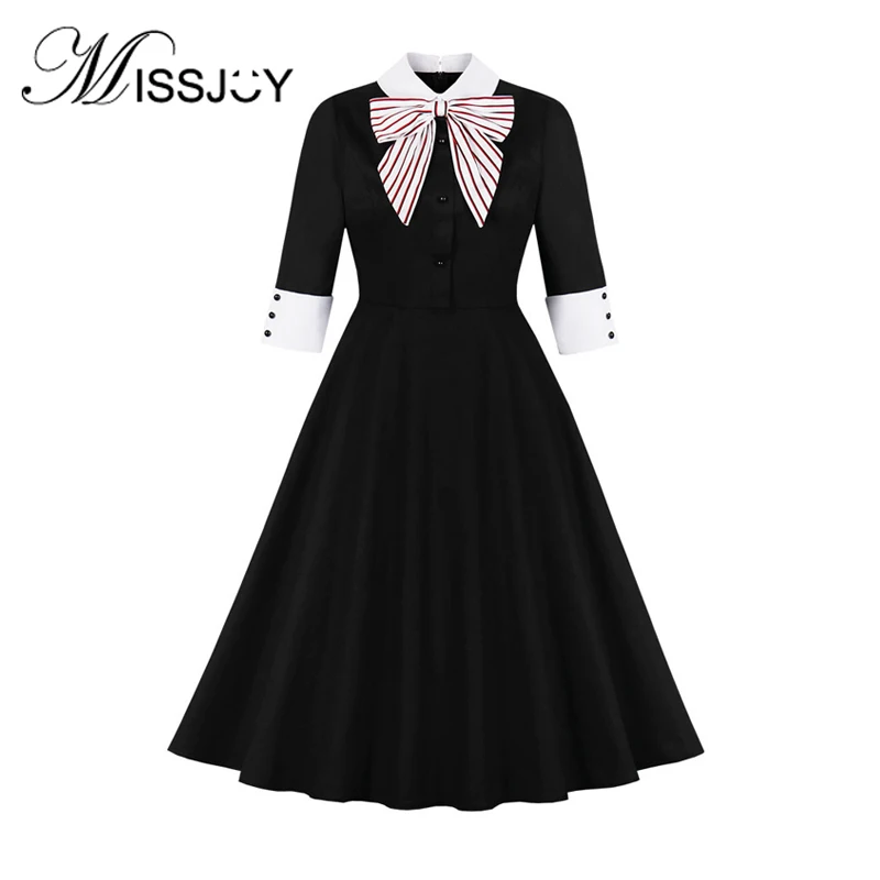 MISSJOY, осенние женские платья для вечеринок, рок Хепберн, рукав до локтя, бант в полоску, винтажное элегантное женское повседневное черное платье на пуговицах