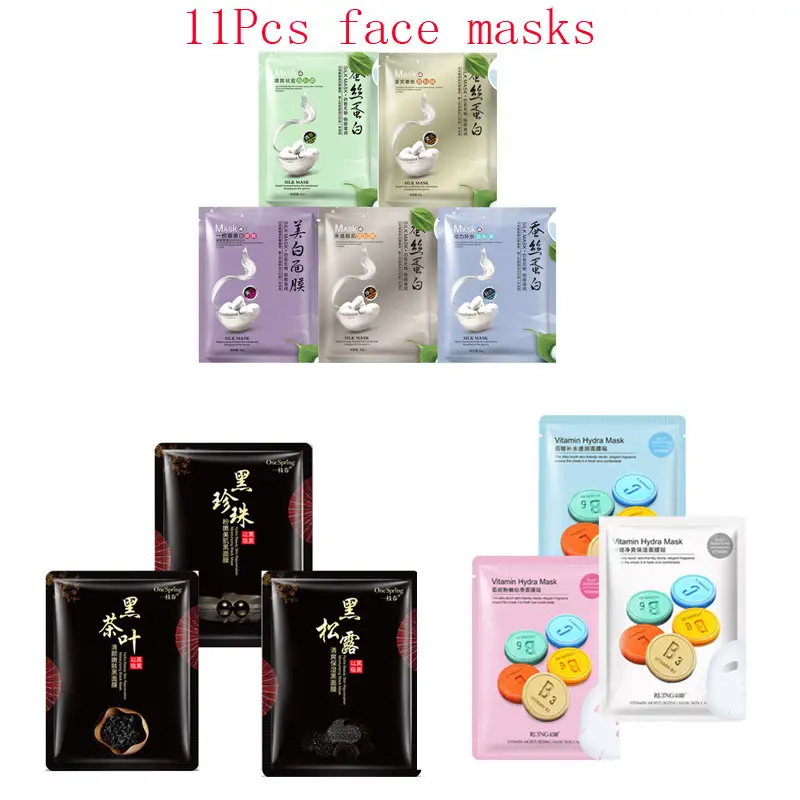 

11Pcs mixed Silk protein black truffle pearl vitamin Face Mask extraction Moisturizing Whitening Anti-Aging black Facial Masks