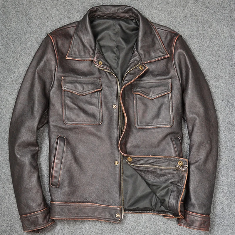 Real Picture Cool Fashion Genuine Leather Jackets Auotomotive Russian Style Cow Leather Jackets and Coats Big and Tall Men A822
