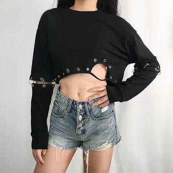 

Dark Fashion Short Sweatshirt Women Detachable Sleeve Metal Iron Ring Stitching Hollow Gothic Sweatshirts Punk Rock Streetwear