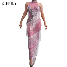 Розовое платье с бахромой, стразы, без рукавов, вечернее платье для дня рождения, выпускного, дня рождения, празднования, платье для танцев, вечернее женское платье с кисточками