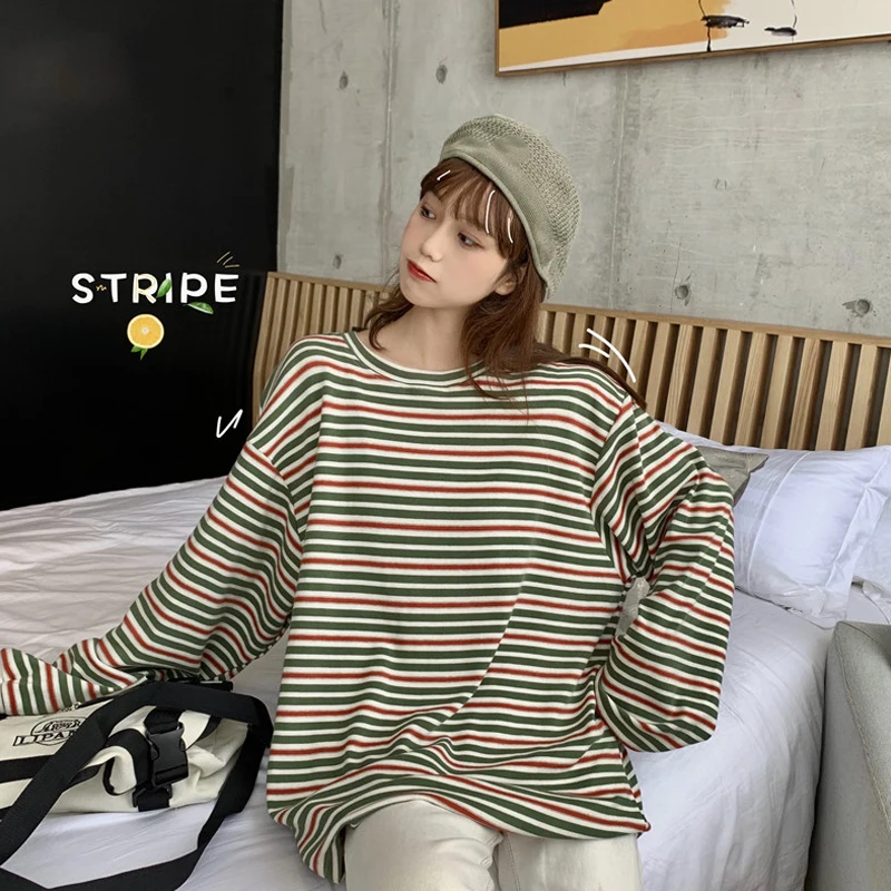 Женская футболка в Корейском стиле Ulzzang Harajuku Повседневная полоску с длинными