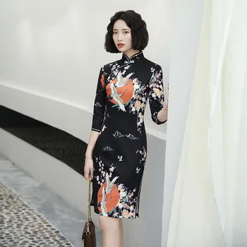 

Summer New Qipao For Young Lady Print Flower Mandarin Collar Evening Party Dress Half Sleeve Split Sexy Cheongsam Large Size