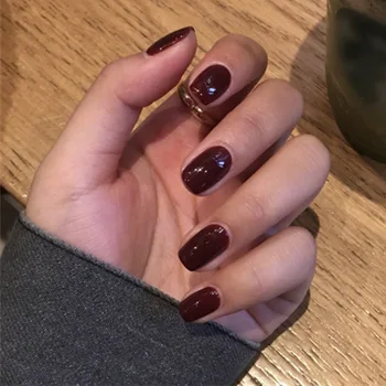 

24pcs/box Round Wine Red Color Frosted Fake Nails Patch Finished Nail Patch Wearable Disassembling Finger press on nails coffin