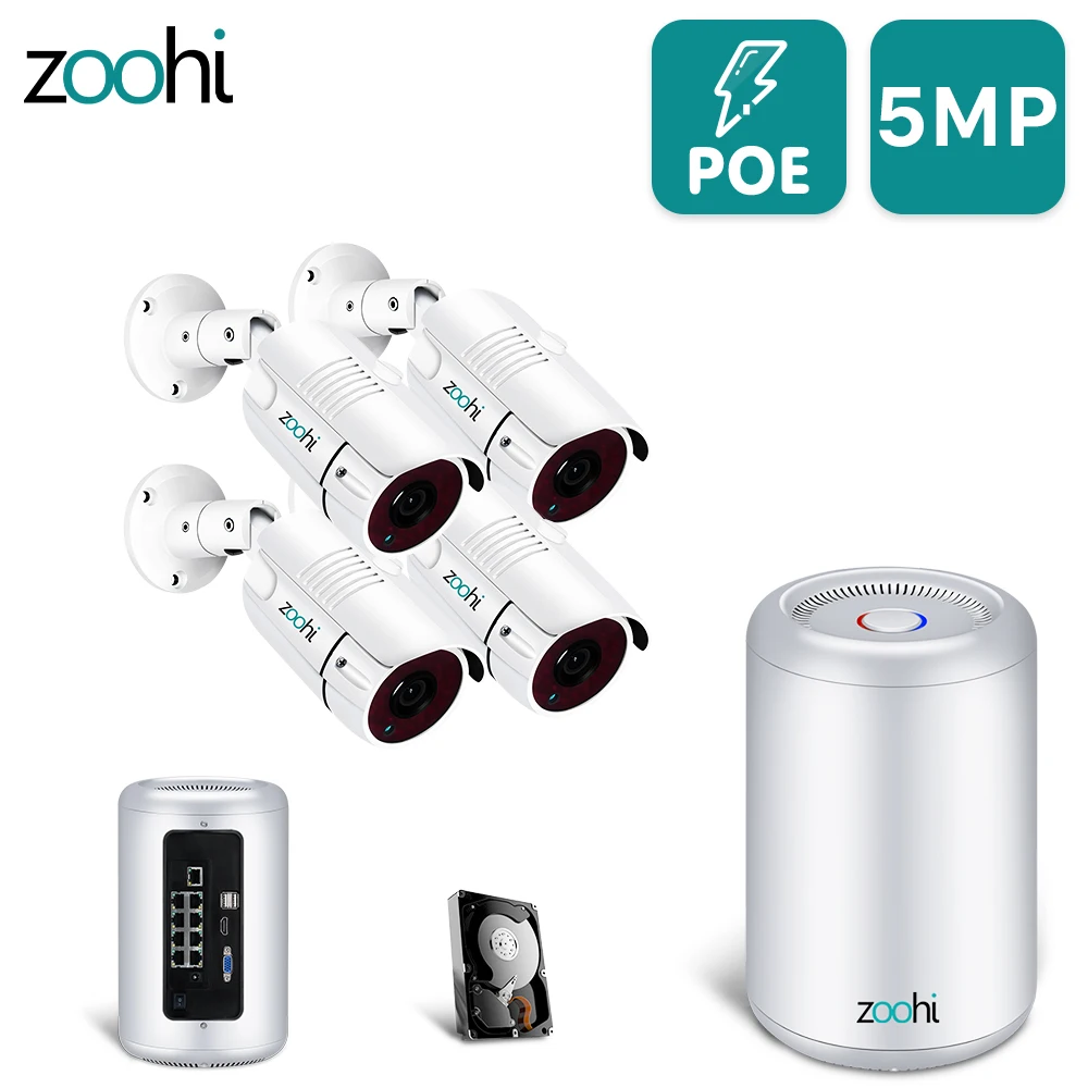 Zoohi безопасности Камера Системы POE 4CH H.265 NVR 5MP Ночное видение HD открытый 8CH
