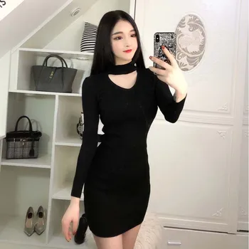 

2018 New Style-Stand Collar Button Hollow out Slimming Knit Sheath Dress 1660b453
