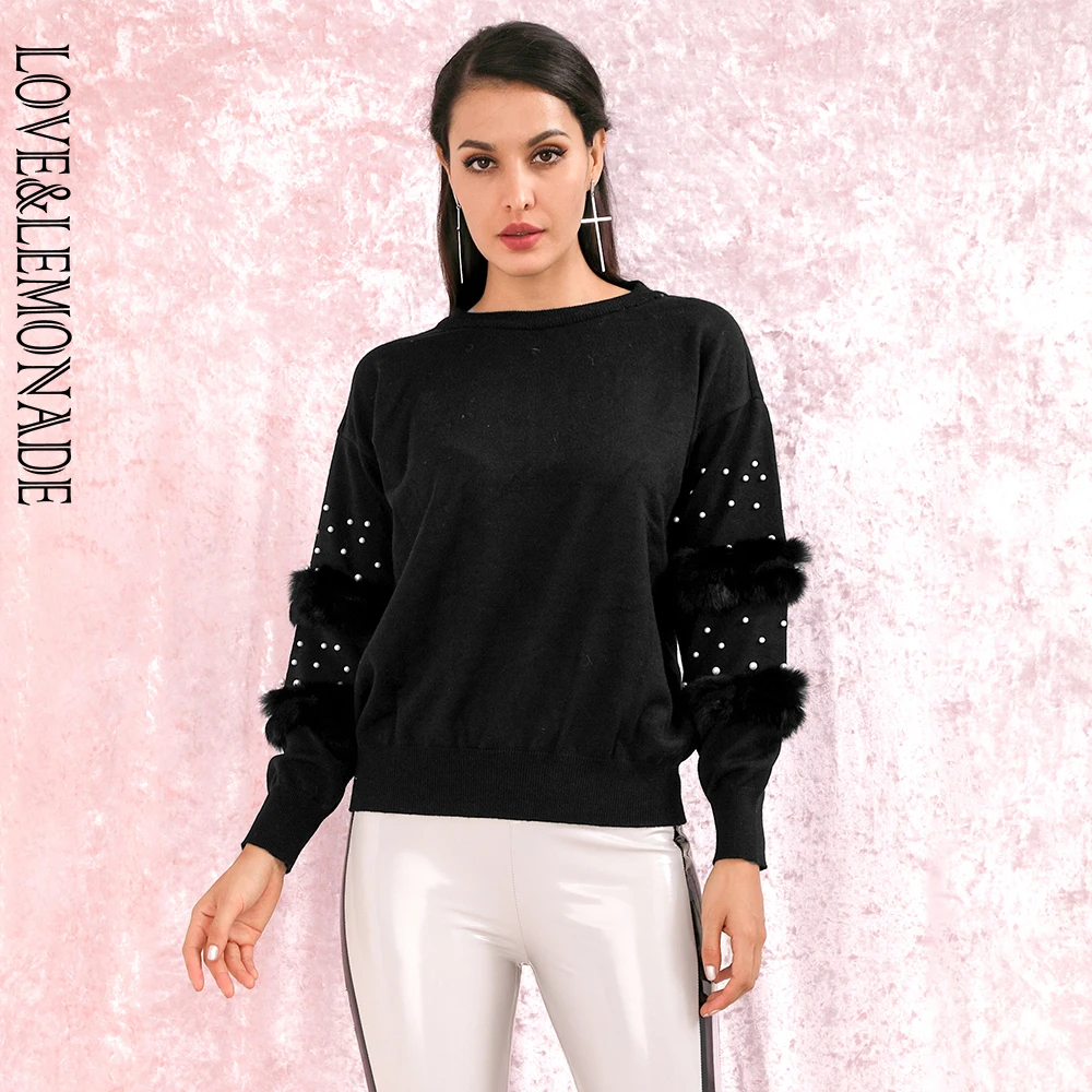 

LOVE&LEMONADE Black Round Neck Pullover Feather Beaded Trim Loose One Size Short Sweater LM90088 Autumn/Winter