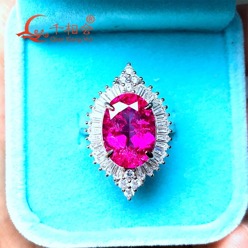 

artificial pink color ruby flower 925 silver Adjustable ring with 10*14mm 7.3ct main stone for jewelry
