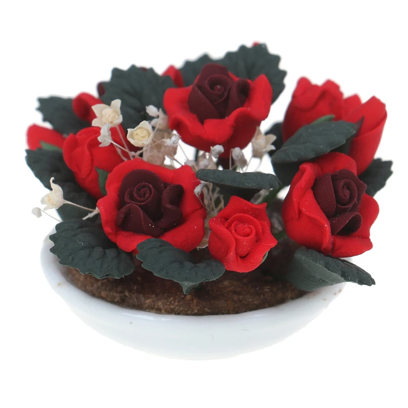 1/12 Puppenhaus Miniatur Clay Plant Rose Gypsophila   In Keramiktopf 
