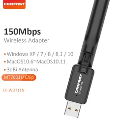 Adaptador de wi fi usb 150mbps, placa de rede sem fio usb 2.0 mt7601u, antena wi fi aprimorada para laptop, receptor de mesa, escritório em casa