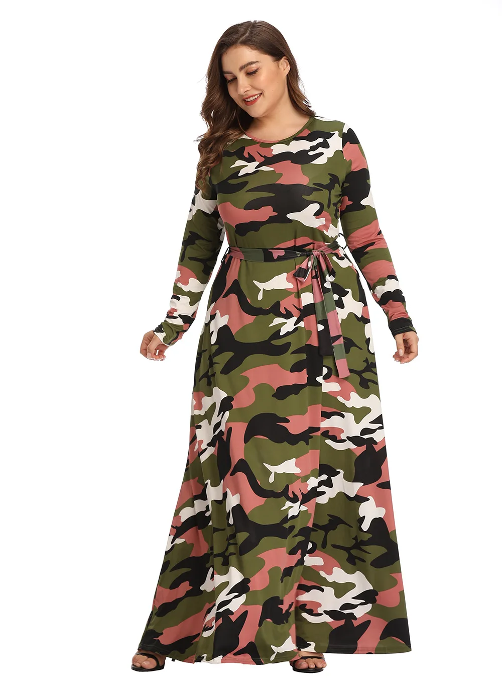 4XL размера плюс, осенне-зимнее женское Повседневное платье, большой размер, длинное, большой размер, женские вечерние камуфляжные платья
