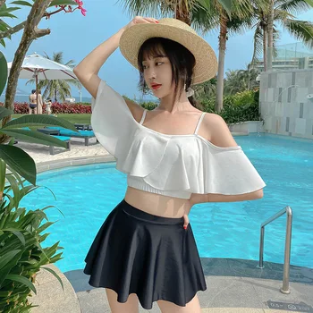 

Swimsuit Girl Swimwear Separate For Women Bikini 2 Piece Korea New Sexy Big Ruffle High Waist Cover Split Skirt