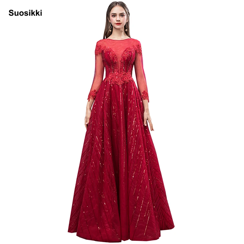 

Vintage Lace Long Sleeve a-line Prom Dresses Applique Flowers Beading Scoop Neckline Custom Made Evening Dress sequins