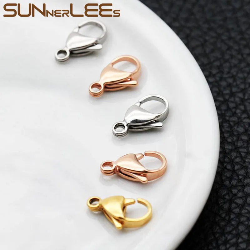 

20pcs/lot SUNNERLEES Stainless Steel Lobster Clasps 10~20mm Silver Gold Rose For DIY Jewelry Making Necklace Bracelet LC01