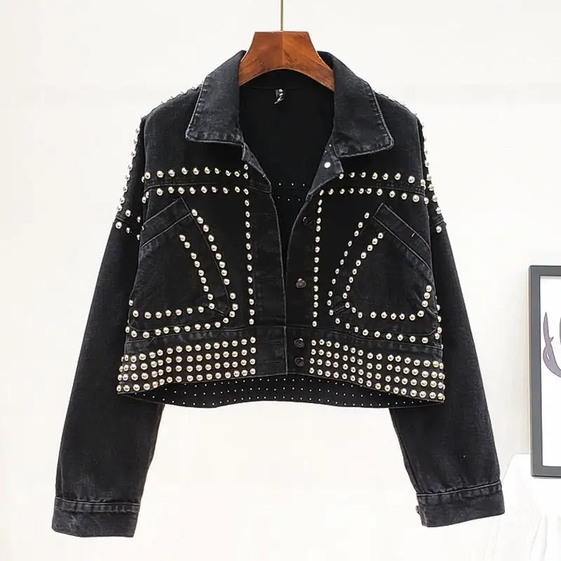 Jeans Jacket Handwork Rivet Studded Denim Jacket Women Loose Outwear