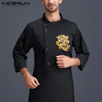 

INCERUN Men Chef Jackets Food Service Cook Printed Restaurant Long Sleeve Bakery Unisex Chef Uniform kitchen Costumes 2020 S-5XL