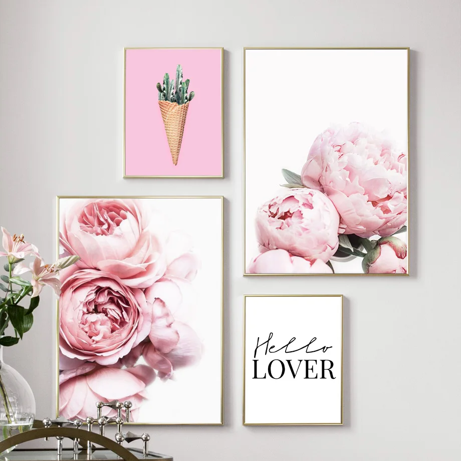 

Pink Flower Peony Cactus Wall Art Print Canvas Painting Nordic Canvas Poster And Prints Wall Pictures For Living Room Home Decor