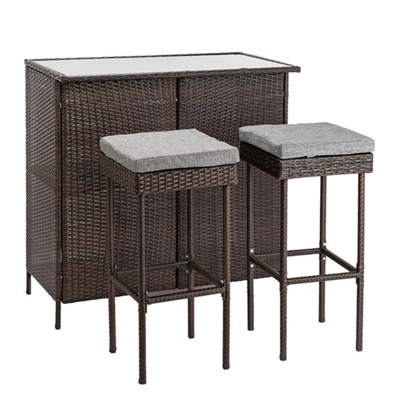 

Outdoor Furniture Garden tables and chairs 3-Piece Brown Wicker Bar Set Glass Bar and Two Stools with Cushions