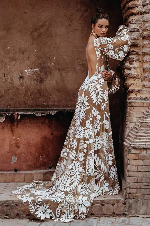 Vestido de Noiva винтажное Бохо кружевное свадебное платье сексуальное с открытой спиной с длинным рукавом-фонариком пляжные свадебные платья