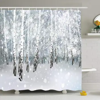 

Shower Curtain Set with Hooks 60x72 Blue Winter Snowy Snow December Landscape Birch Wonderland Nature Season New Merry Forest