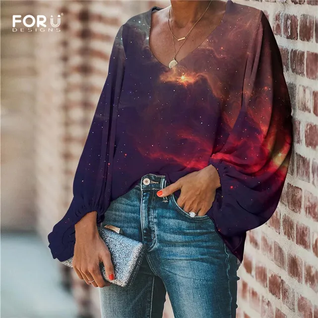 FORUDESIGNS/Женские блузки с космическим принтом, блузка с длинным рукавом, свободная туника, рубашки с v-образным вырезом, женская шифоновая блузка, сексуальные топы - Цвет: HMP581B2