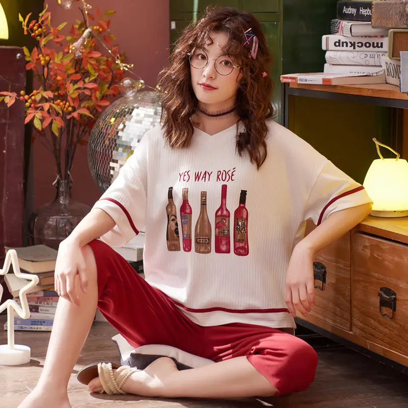

2019 Summer 6535 Sunken Stripe Pajamas WOMEN'S Suit Sweet Short Sleeve Capri Pants Tracksuit Piece 5533