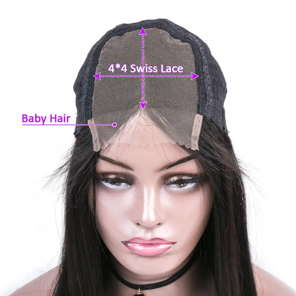 HairUGo 4 * 4 Brazilian Lace Closure Wig 100% Human Hair Wigs For Black Women Non-Remy Hair Lace Straight Wigs With Baby Hair