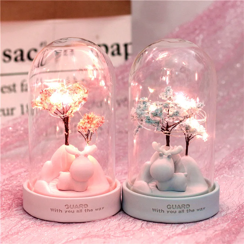 

Glass Sakura Light Figurine Resin Romantic LED Bedroom Landscape Accessories Valentine Gift Party Desk Decoration Home Decor