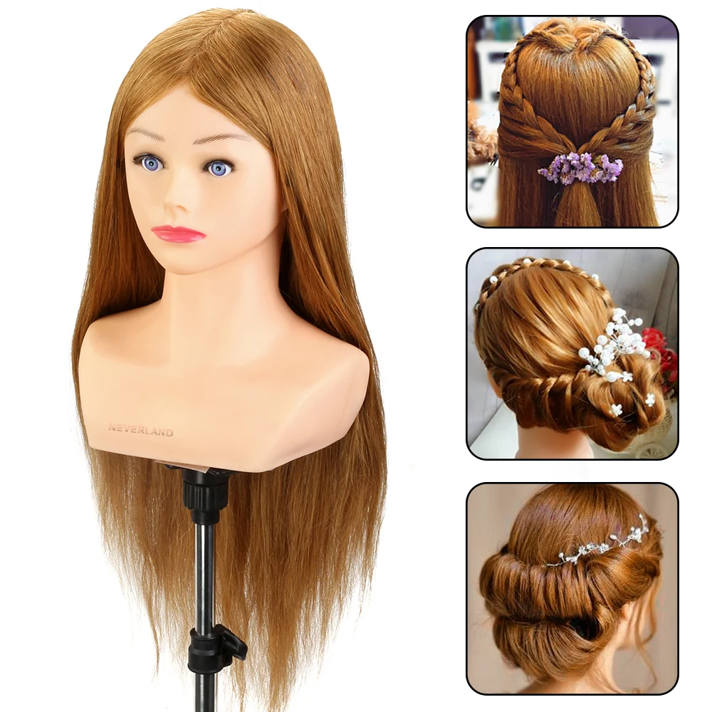 

24'' 100% Real Human Hair Training Head Hair Blue Eyes Hairstyles Dummy Doll Mannequin Head For Hairdresser With Shoulders Brown