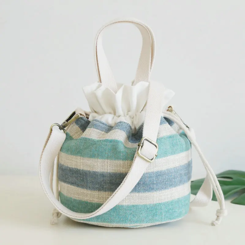 

New Style Summer Mobile Phone Bucket Small Cloth Bag Versatile Fabric Shoulder Bag Stripes Drawstring Bag WOMEN'S Bag Bento Box