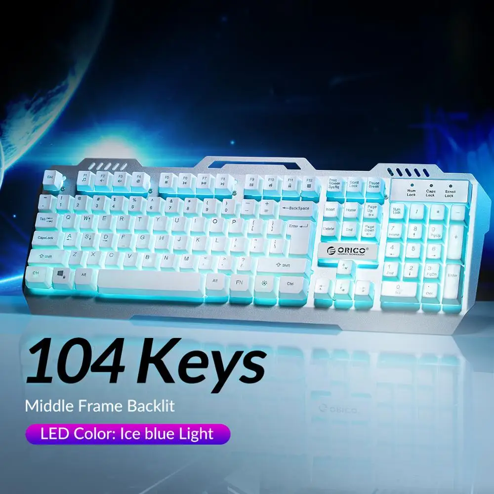 Игровая клавиатура ORICO, механическая клавиатура, 104 клавиш, проводная, водонепроницаемый, светодиодный, с подсветкой, USB, клавиатура с RGB/Ice Blue, светодиодный, для ноутбука - Цвет: Ice blue Light