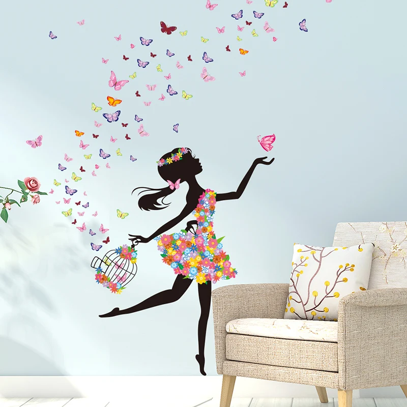 [SHIJUEHEZI] мультфильм фея девушка наклейки на стену DIY бабочки цветы настенные наклейки для дома детская комната детская спальня украшения