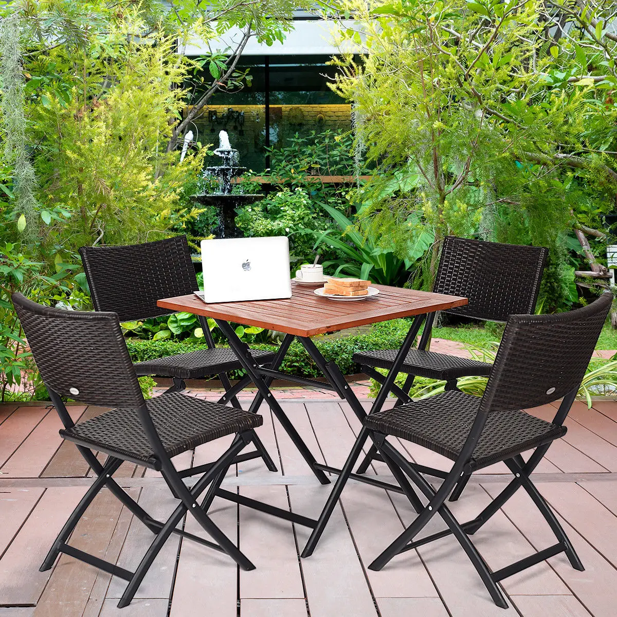 

Costway 5PCS Outdoor Folding Patio Dining Set 4 Deck Sling Back Rattan Chairs Table