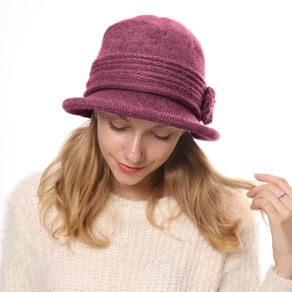 Женская теплая зимняя вязаная шапка, элегантные вечерние шапки в винтажном стиле для женщин и девочек с цветочным орнаментом, одноцветная шапка для путешествий в старом английском стиле# D