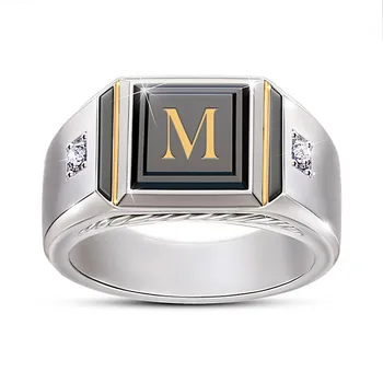 

New Fashion Alphabet M Simple Domineering Men Ring Micro Inlay Zircon Black Enamel Two Tone Male Finger Rings Hot Selling