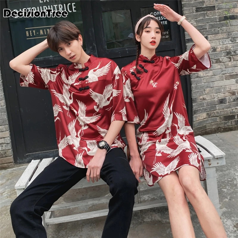 

2019 chinese dress cheongsam women's qipao elegant short sleeve satin dress silk dress crane print qi pao dress