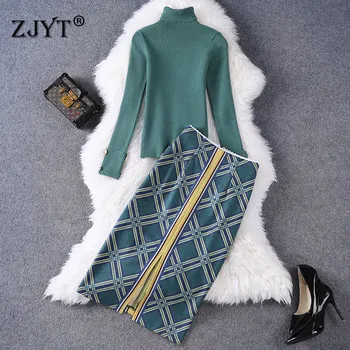 

Top Brand Designer Women 2020 Autumn Winter Two Piece Outfit Turtleneck Knit Sweater and Plaid Skirt Suit Set Lady Twinset