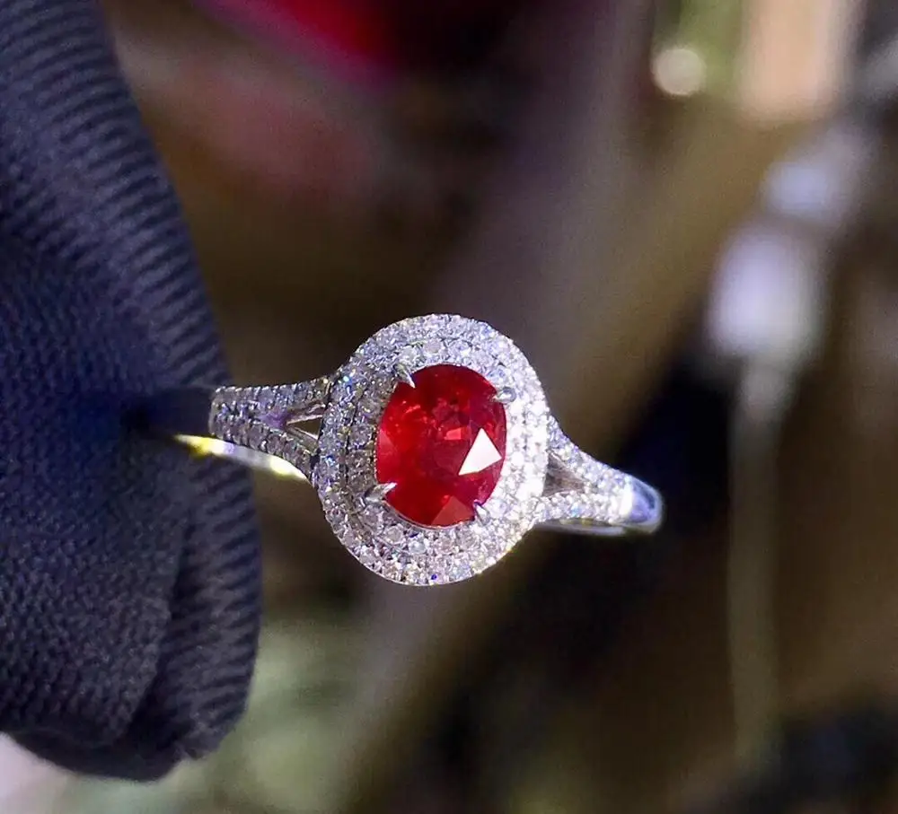 

Fine Jewelry Pure 18 K White Gold Real 100% Natural Red Ruby 0.51ct Diamonds Jewelry Female's Rings for Women Fine Ring