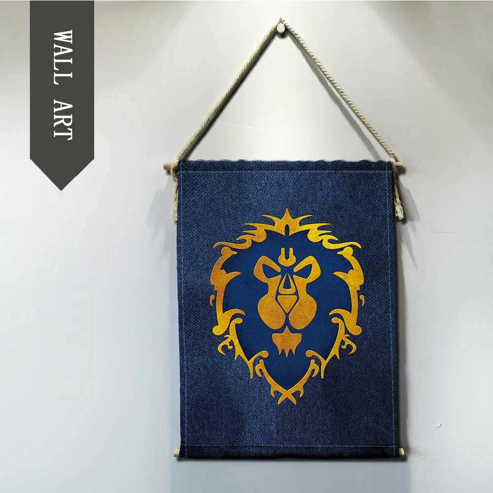 Günstige Welt von Warcrafts spiel Schlacht flagge Hängen Wand Kunst Poster Moderne Massivholz Baumwolle String Hängen Welle Scroll Malerei